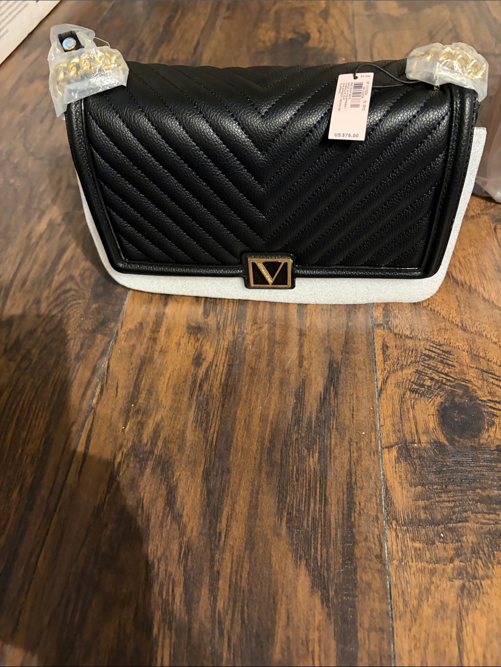 Victoria's Secret Black and White Quilted Crossbody with Gold V Emblem